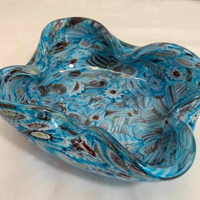 Mid-Century Modern Vintage Mid-Century Murano Millefiori Blue Ruffled Glass Bowl - Fratelli Toso For Sale - Image 3 of 10