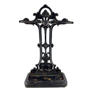 Antique Victorian Black Cast Iron Umbrella & Cane Stand With Removable Drip Tray For Sale