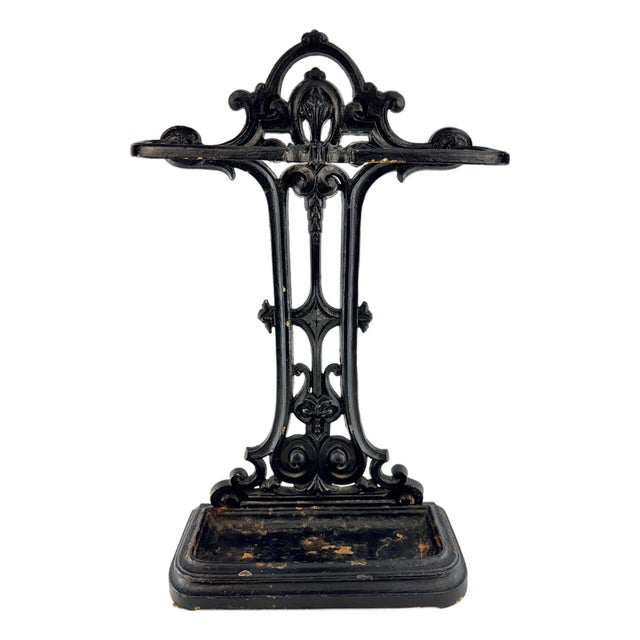 Antique Victorian Black Cast Iron Umbrella & Cane Stand With Removable Drip Tray For Sale