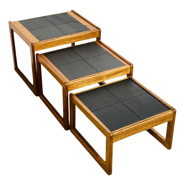 Vintage Nesting Tables in Teak and Black Ceramic, 1960s, Set of 3 For Sale