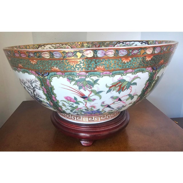 Chinese Mid Century Chinese Export Rose Medallion Punch Bowl on Wood Stand For Sale - Image 3 of 11