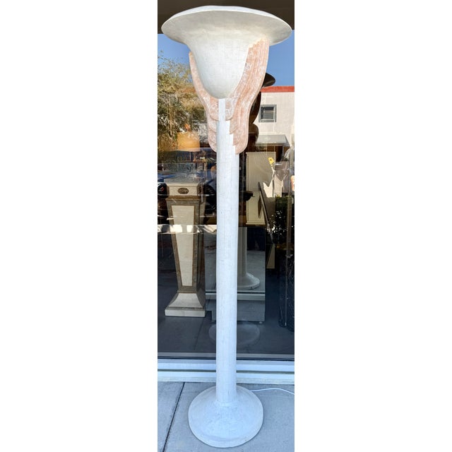 Art Deco Style Italian torchiere floor lamp by Arelux. The lamp is crafted from tessellated fossil stone or travertine, a...