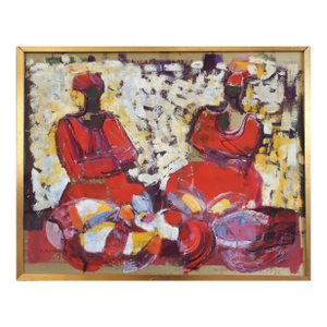 Mid-Century Modern 'Crimson Conversation' Vintage Original Figurative Oil Painting by Swedish Artist Brita Hansson (1918-1979), Framed