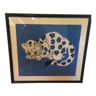 Blue Cheetah Framed Needlepoint Textile Art For Sale