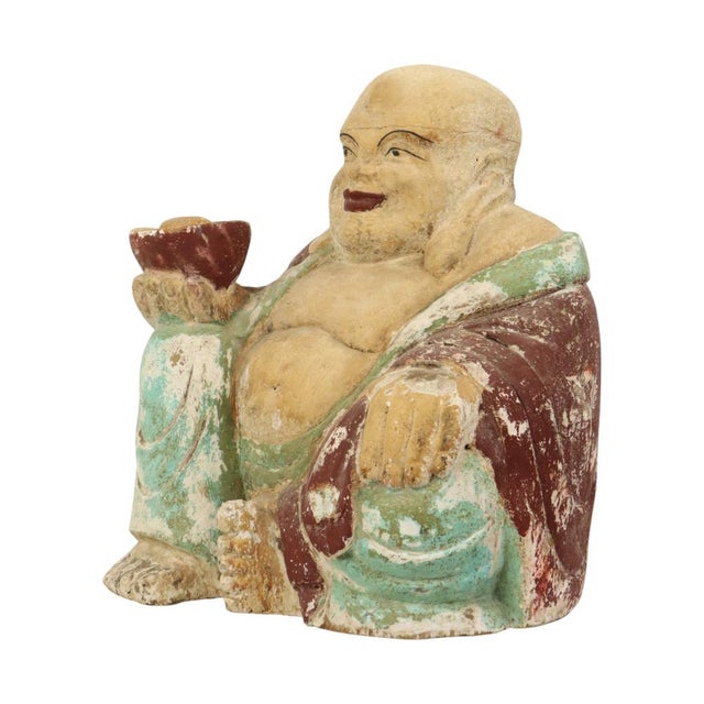 Wood Large Laughing Buddha Wooden Polychrome Sculpture For Sale - Image 7 of 17