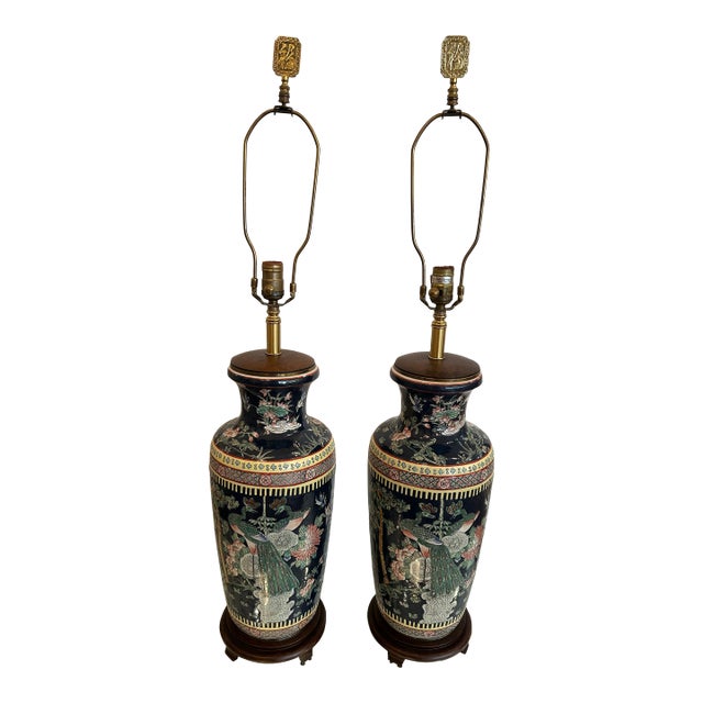 1950s Monumental Chinoiserie Famille Noir Style Pair of Table Lamps by Frederick Cooper - a Pair For Sale