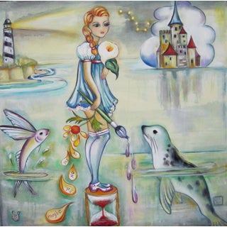 The Edge of Time by Zoa Ace | Oil Painting of a girl with a flower near water and a castle For Sale