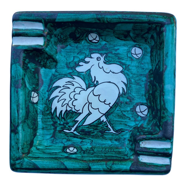 Mid Century Modern Italian Ceramic Rooster Turquoise Ashtray/Catchall For Sale