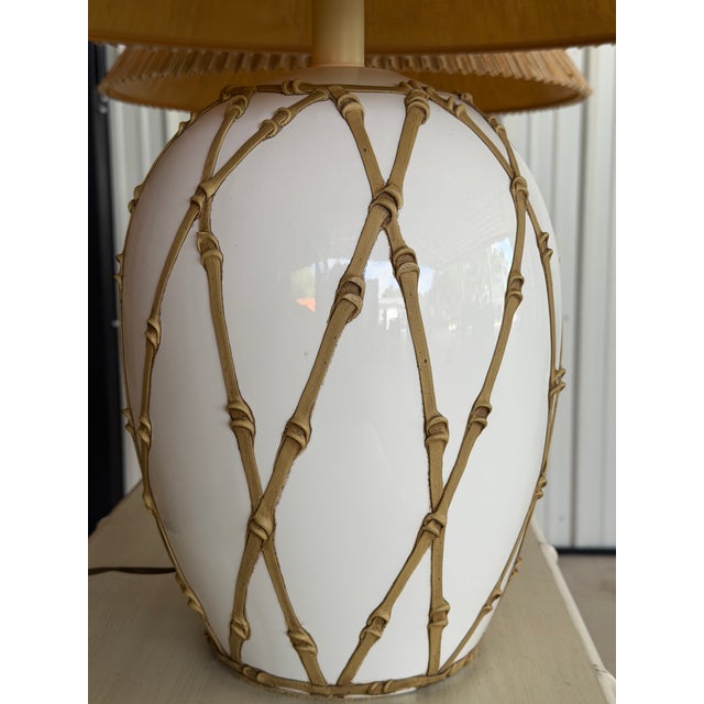 Hollywood Regency Vintage Hollywood Regency Boho Faux Bamboo “Icing” Ceramic Table Lamps With Raffia Shades - A Pair For Sale - Image 3 of 12