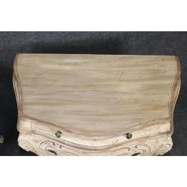 Pair of Country French Style Distressed Paint Decorated 3 Drawer Night Stands For Sale - Image 9 of 16