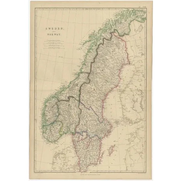 Antique map titled 'Sweden and Norway'. Original antique map of Sweden and Norway. This map originates from ‘The Imperial...