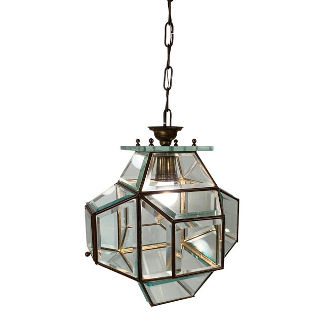 Large Italian Lantern in Brass & Cut Glass, 1950s For Sale