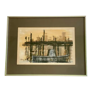Original 1970 Abstract Modernist Dock Painting Plein Air Illegibly Signed Framed