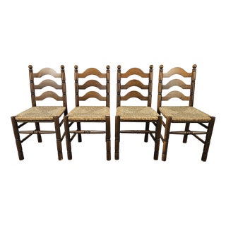 Wood Dining Chairs with Woven Straw Seats, 1980s, Set of 4 For Sale