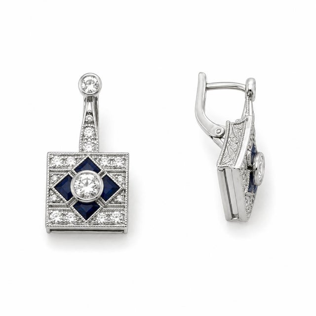 Mid-Century Modern Mid 20th Century Pair of 18k White Gold Diamond Sapphire Earrings For Sale - Image 3 of 3