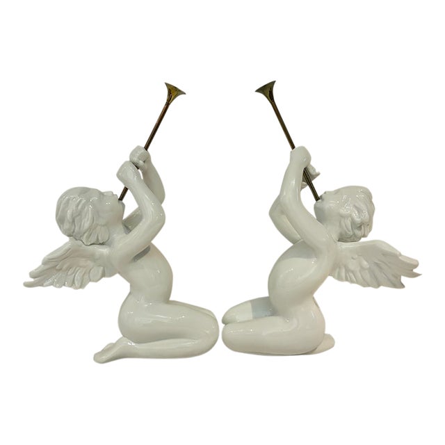 Vintage Department 56 “Winter Silhouettes” White Porcelain Angels With Brass Trumpets - A Pair For Sale