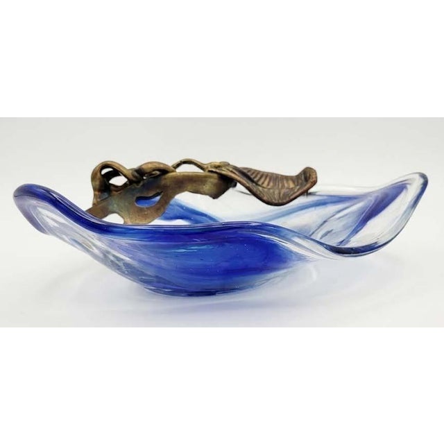 Mid-Century Modern 1980s Vintage Signed Filip Ravert Romanian Studio Art Glass Bowl With Sculptural Bronze Overlay For Sale - Image 3 of 7