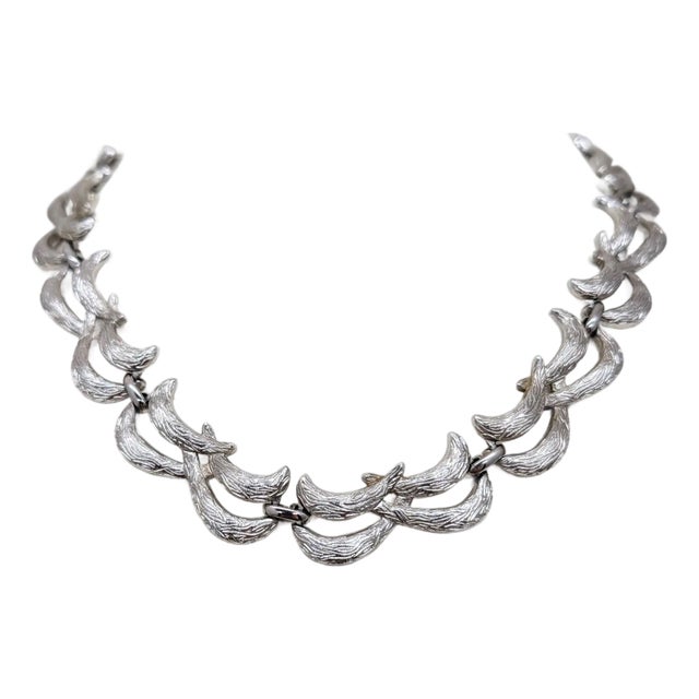 Vintage Signed Monet Textured Rhodium Plated Collar Necklace For Sale