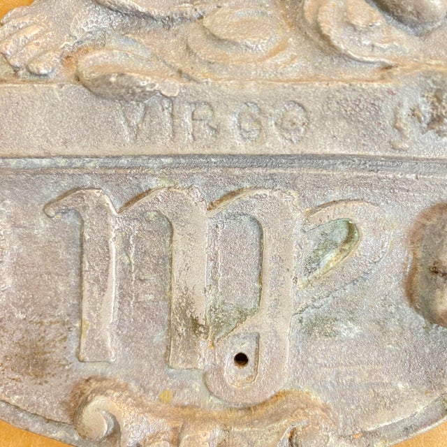 Art Nouveau Antique Metal Plaque Virgo Lady For Sale - Image 3 of 6