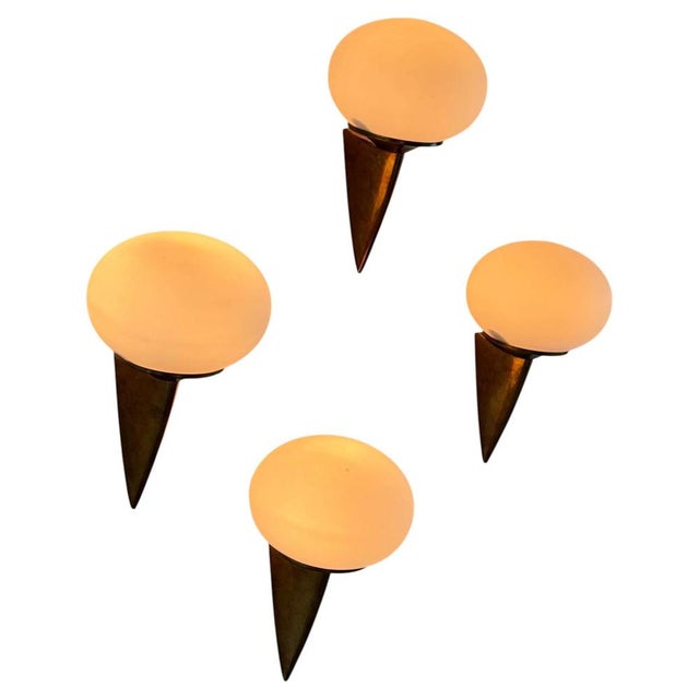 Italian Lancia Wall Sconces in Brass and Opaline Glass from Stilux Milano, 1960s,Set of 4 For Sale - Image 13 of 13