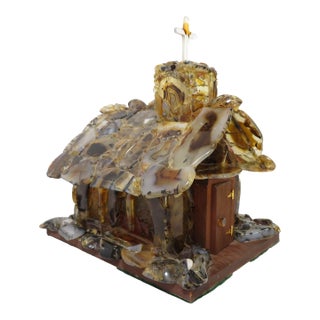 Handmade Sliced Agate ~ Stone Church Art Sculpture ~ Lamp & Music Box ~ Vintage Wedding Chapel Diorama For Sale