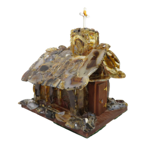 Handmade Sliced Agate ~ Stone Church Art Sculpture ~ Lamp & Music Box ~ Vintage Wedding Chapel Diorama
