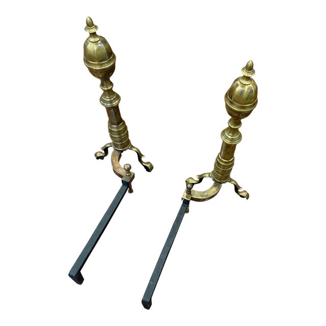 Pair of antique brass American fireplace andirons from the 19th century. Acorn finial tops. Highly desirable traditional...
