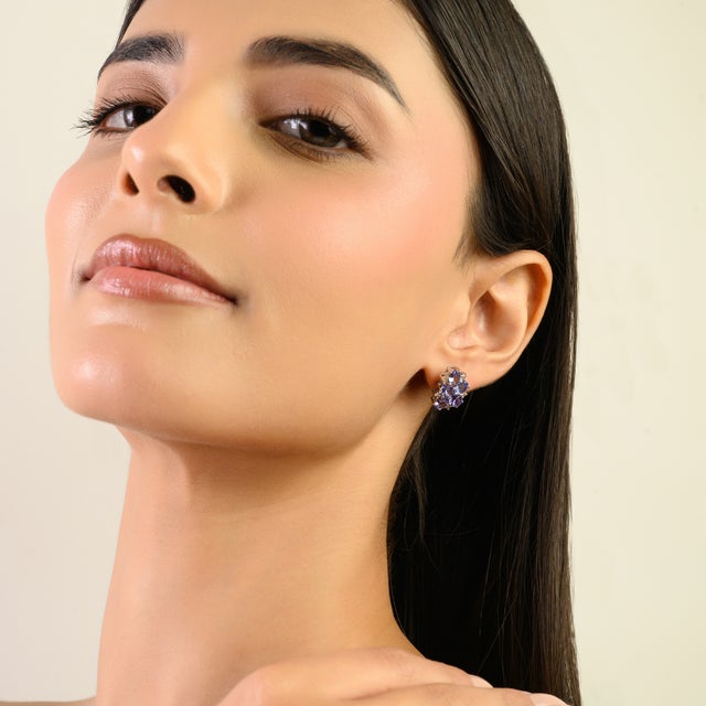 Natural Tanzanite & Diamond Classic Cluster Stud Earrings in Sterling Silver- A Pair For Sale - Image 4 of 14