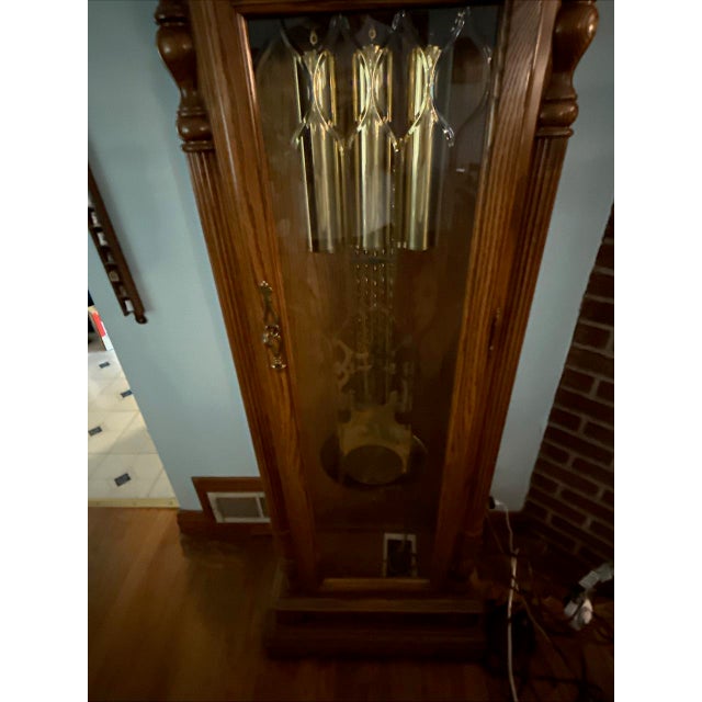 Late 20th Century Grandfather Clock by Sligh, Westminster Chimes & Oak Cabinet For Sale - Image 5 of 5