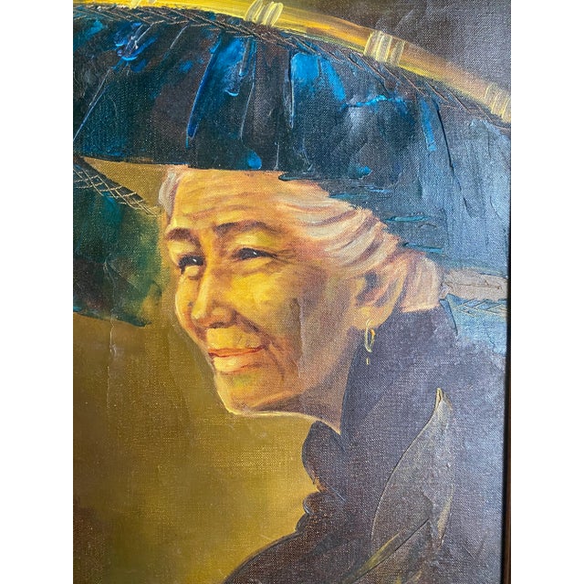 Olive 1950 Vintage Chinese Oil Painting on Board Portrait of a Woman in a Hat, Signed Tom Wong For Sale - Image 8 of 9
