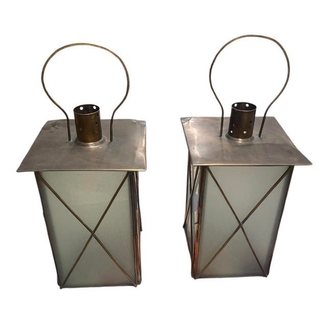 2000 - 2009 Pair of Neoclassical Style Mixed Metal Large Scale Hurricane Lanterns For Sale - Image 5 of 12