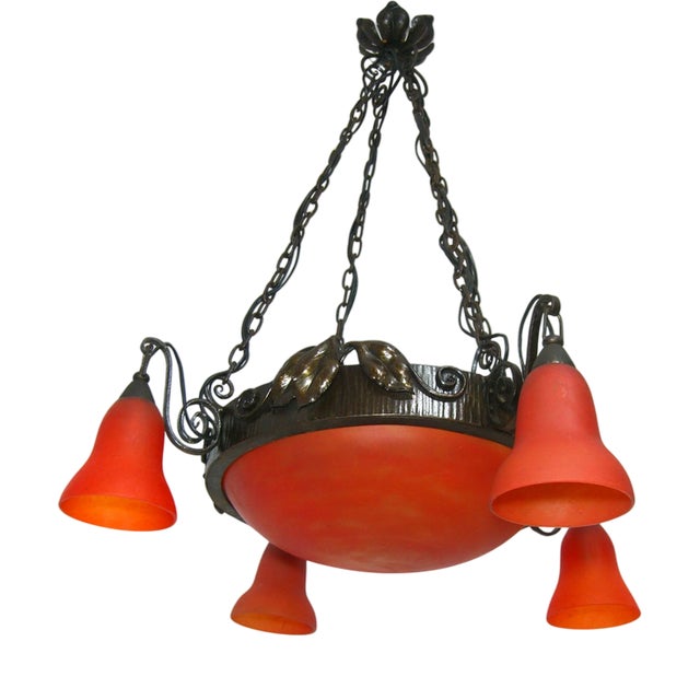 Art Deco Art Nouveau Pate de Verre Chandelier, 1980s For Sale