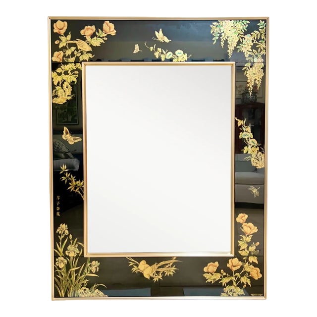 Chinoiserie LaBarge Verre Églomisé Black and Gold Mirror, 1986 For Sale