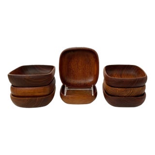 Vintage Hand Carved Square Teak, Wood Salad, Bowls, Set of 8, Made in Siam For Sale