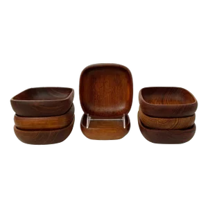 Vintage Hand Carved Square Teak, Wood Salad, Bowls, Set of 8, Made in Siam