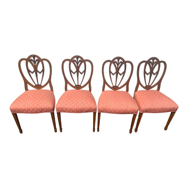 Set of 4 Hepplewhite-Style Shield-Back Dining Chairs With Coral Jacquard Upholstery, C. Mid-20th Century For Sale