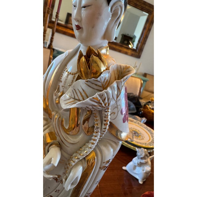 Vintage Porcelain Guanyin Statues - Quan Yin Gold Gilt L 18" Pair C1915 Rare For Sale - Image 12 of 18
