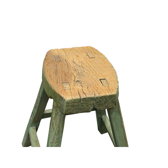 Rustic Bold Distressed Light Sage Green 4 Legs Wood Stool Side Table Stand For Sale - Image 13 of 15