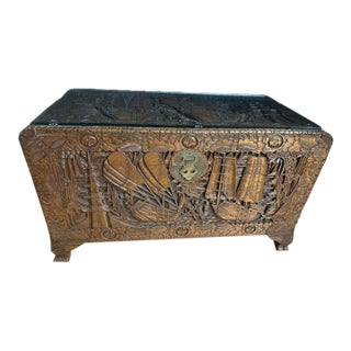 Vintage Large Asian Hand-Carved Camphor Wood Trunk Chest With Brass Hardware With Glass Topper For Sale