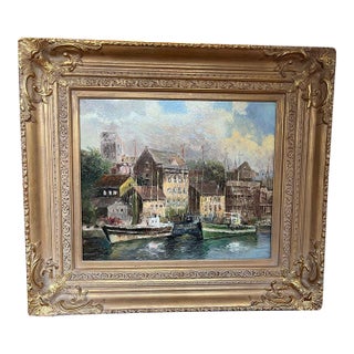 1990s Canal With Boats Oil Painting on Canvas For Sale