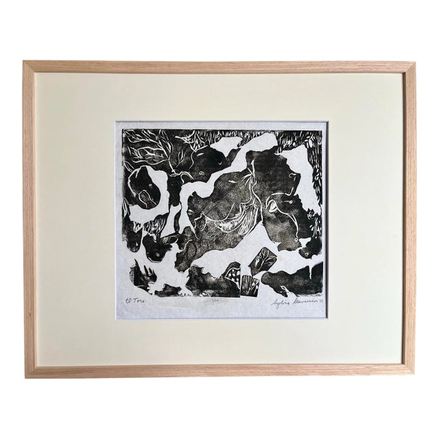 Vintage Abstract Expressionist Wood Block Print Titled “El Toro” by Sylvia T. Gavurin. For Sale