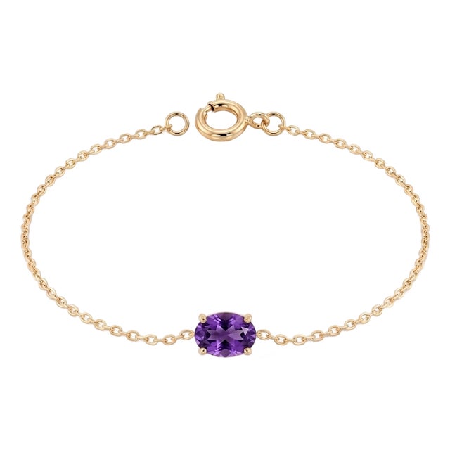 Amethyst East-West Oval Bracelet | Dainty Gold Chain Bracelet | Gemstone Solitaire Minimalist Daily Wear Bracelet For Sale