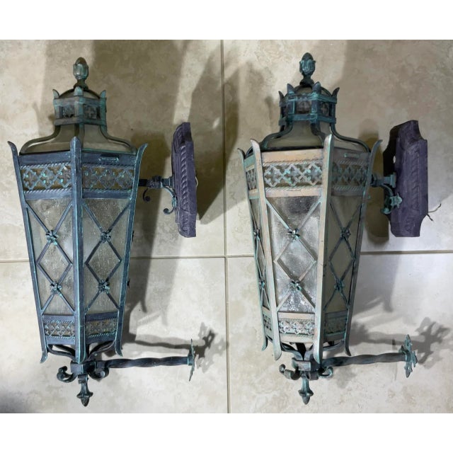 1980s Large Pair of Handcrafted Wall-Mounted Solid Brass Lanterns / Sconces For Sale - Image 12 of 18