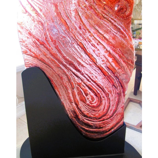 1980s Large 91" Flashed Red Molded Glass Wave Floor Sculpture on Steel Base For Sale - Image 12 of 13