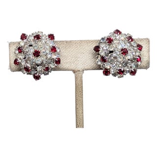 Vintage 1960s Signed Vendome Rhodium Plated Clear & Faux-Garnet Clip Earrings-2 Pieces For Sale