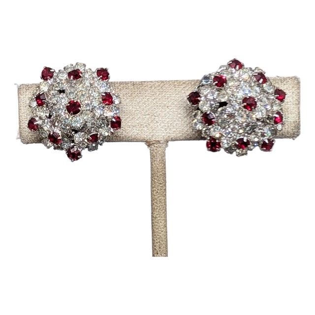 Vintage 1960s Signed Vendome Rhodium Plated Clear & Faux-Garnet Clip Earrings-2 Pieces For Sale
