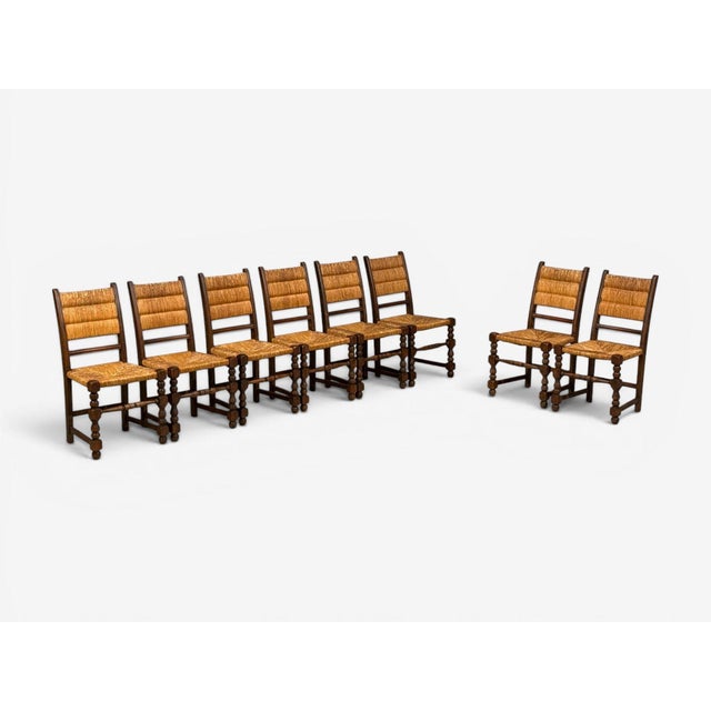 Charles Dudouyt Style, Eight Rustic Dining Chairs, Oak, Rush, France, 1940s For Sale - Image 4 of 10