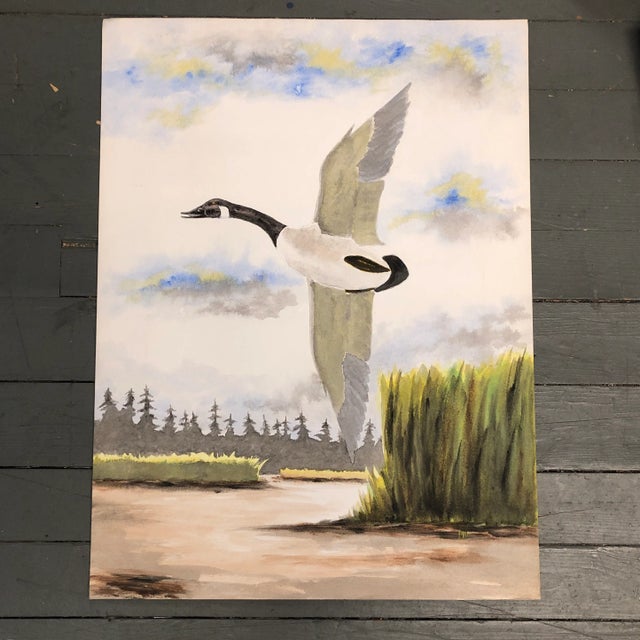 1980s Original Vintage Watercolor Painting Flying Goose 1980’s For Sale - Image 5 of 5