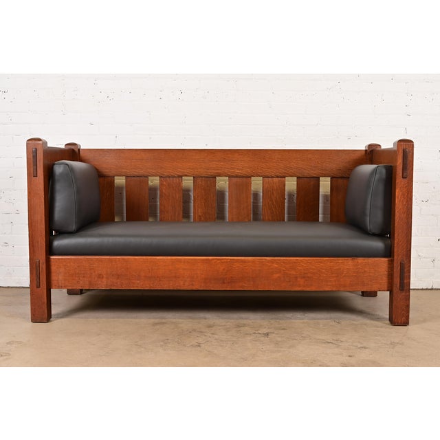 Limbert Antique Mission Oak Arts and Crafts Settle Sofa, Newly Reupholstered For Sale - Image 12 of 12