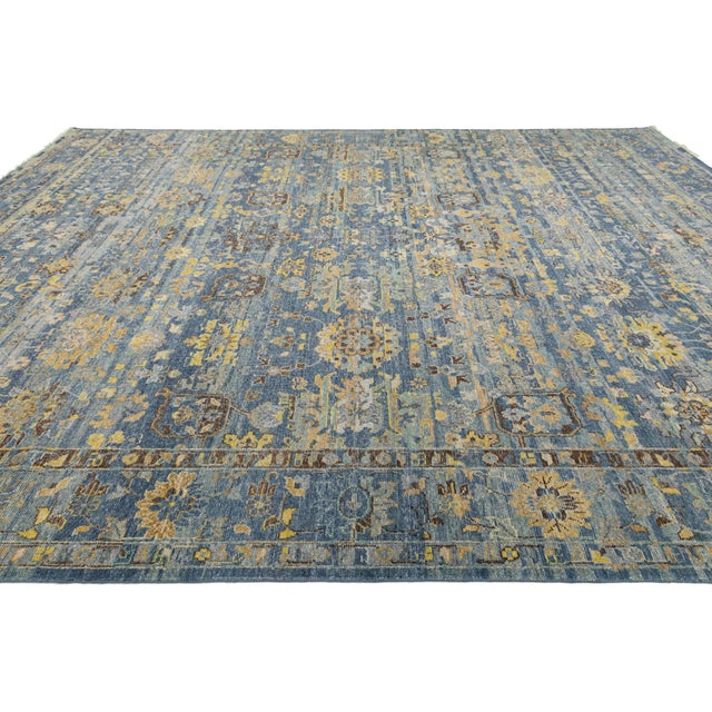 Textile 12x15 Hand-Knotted Modern Tabriz Style Wool Area Rug in Blue & Gold For Sale - Image 7 of 12